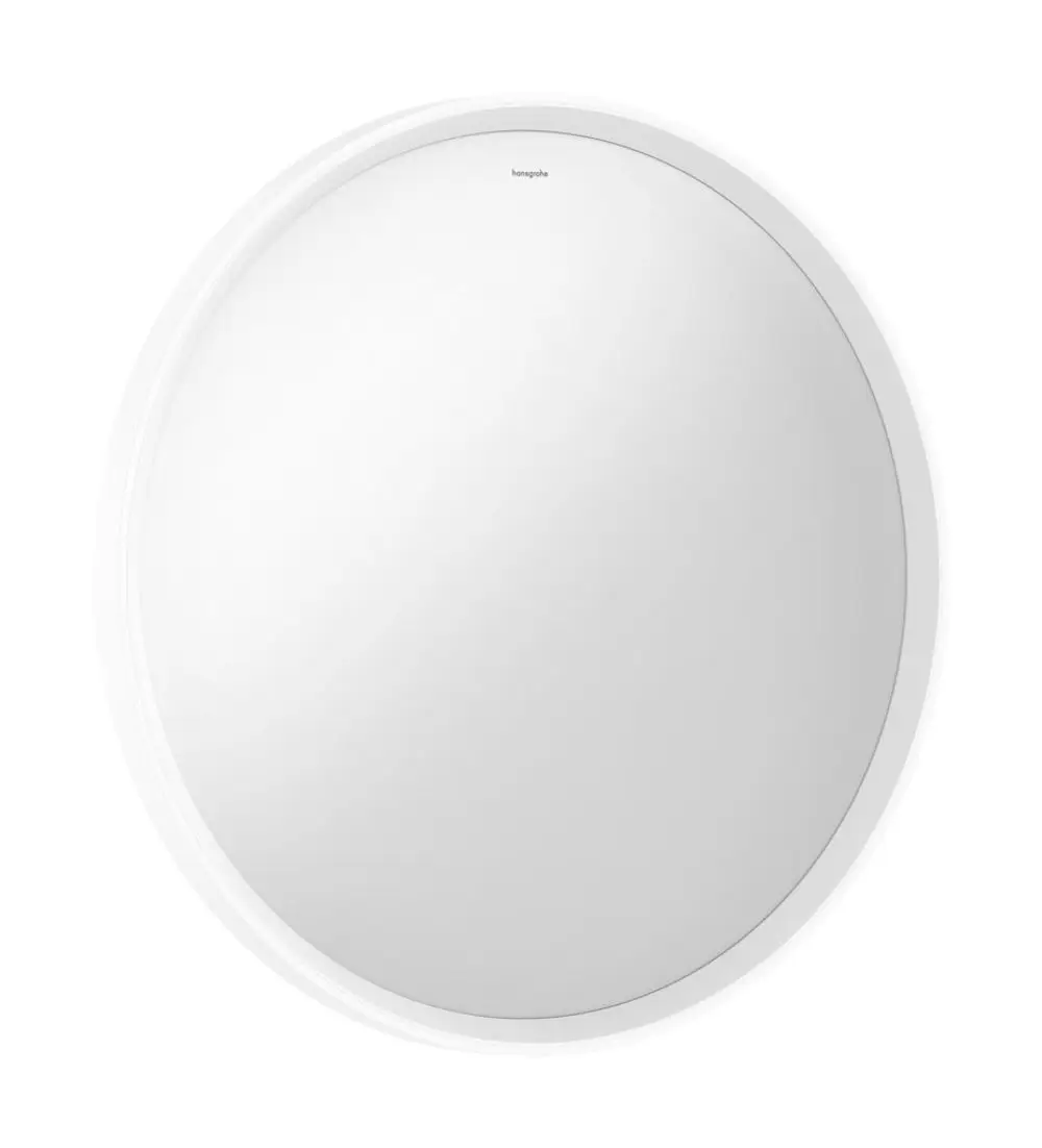 Runder Spiegel mit LED-Beleuchtung und IR-Sensor in mattweißer Ausführung, von der Marke Hansgrohe, platziert vor neutralem Hintergrund.